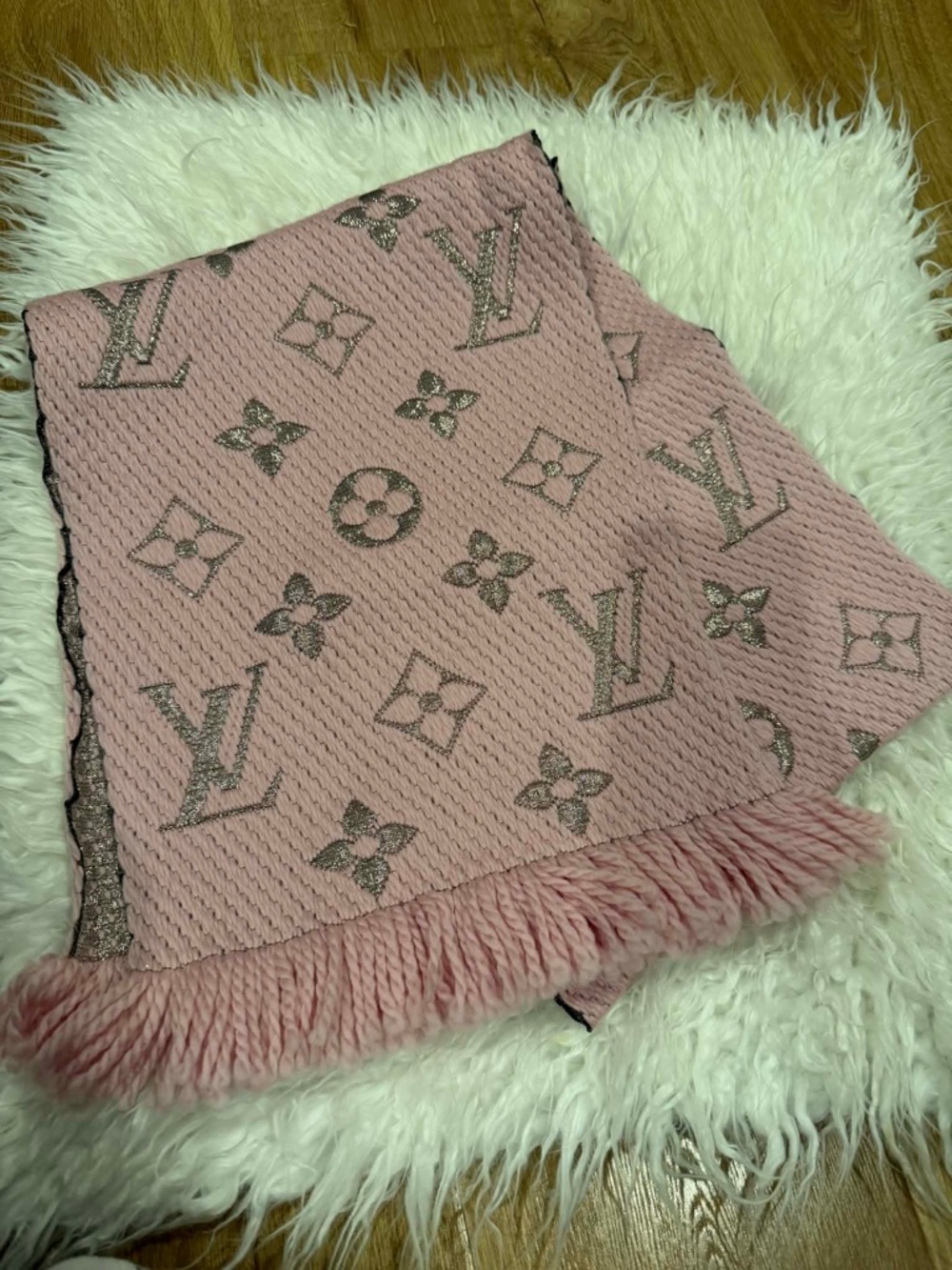 Louis Vuitton Blush Pink Monogram Knit Shawl with Fringe